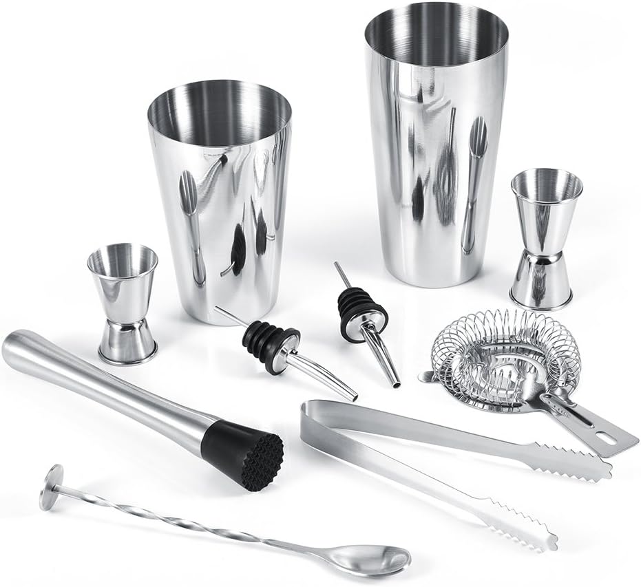Cocktail-Shaker aus Edelstahl, Eiszange, Rührlöffel, Barzubehör, Barkeeper-Set, 10 Stück