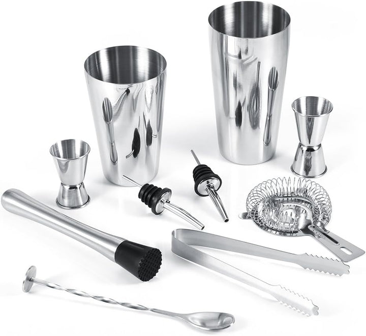 Cocktail-Shaker aus Edelstahl, Eiszange, Rührlöffel, Barzubehör, Barkeeper-Set, 10 Stück