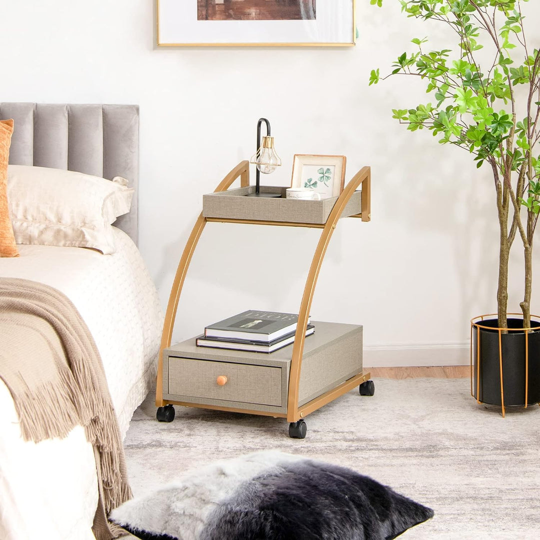 Giantex Beistelltisch C Form mit Rollen, Couchtisch Sofatisch mit Schublade & abnehmbarem Tablett, N
