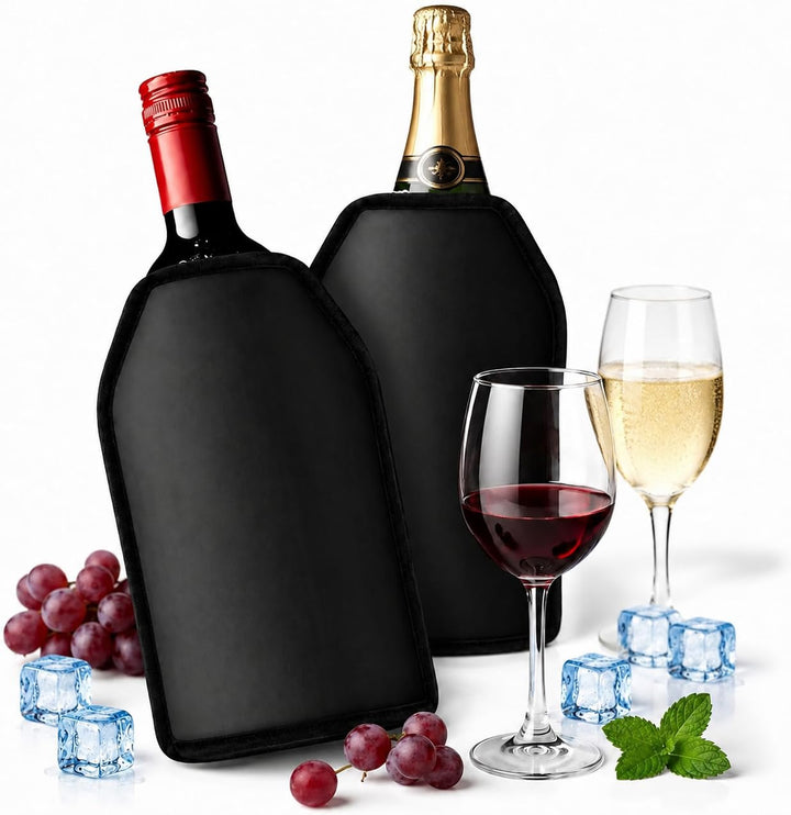 2 Stück Kühlmanschette Wein, Weinkühler Manschette Schwarz, Flaschenkühler für Unterwegs, Wiederverw