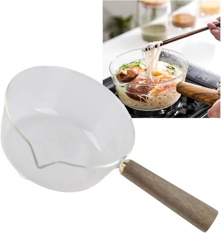 Stielkasserolle, Glas Milchtopf mit Holzgriff Kochtopf Stieltopf Nudeltopf mit V-förmige Tülle Sauce