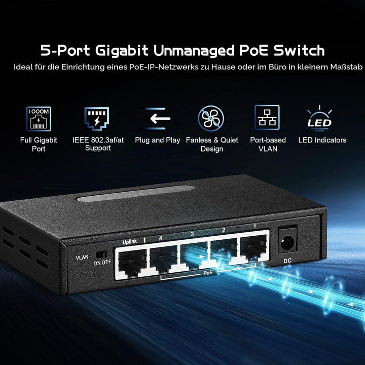 Binardat 5 Port Gigabit POE Switch, 4 POE+ Ports 1000Mbps, 1 Gigabit Uplink, IEEE802.3af/at, 65W Pow