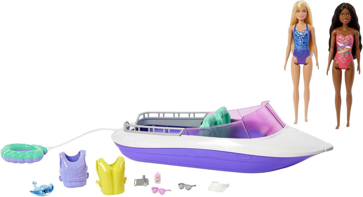 Barbie Malibu Roberts & Brooklyn Puppe - 45,7 cm Schnellboot, 4 Puppen Platz, Glasboden, Schwimmreif