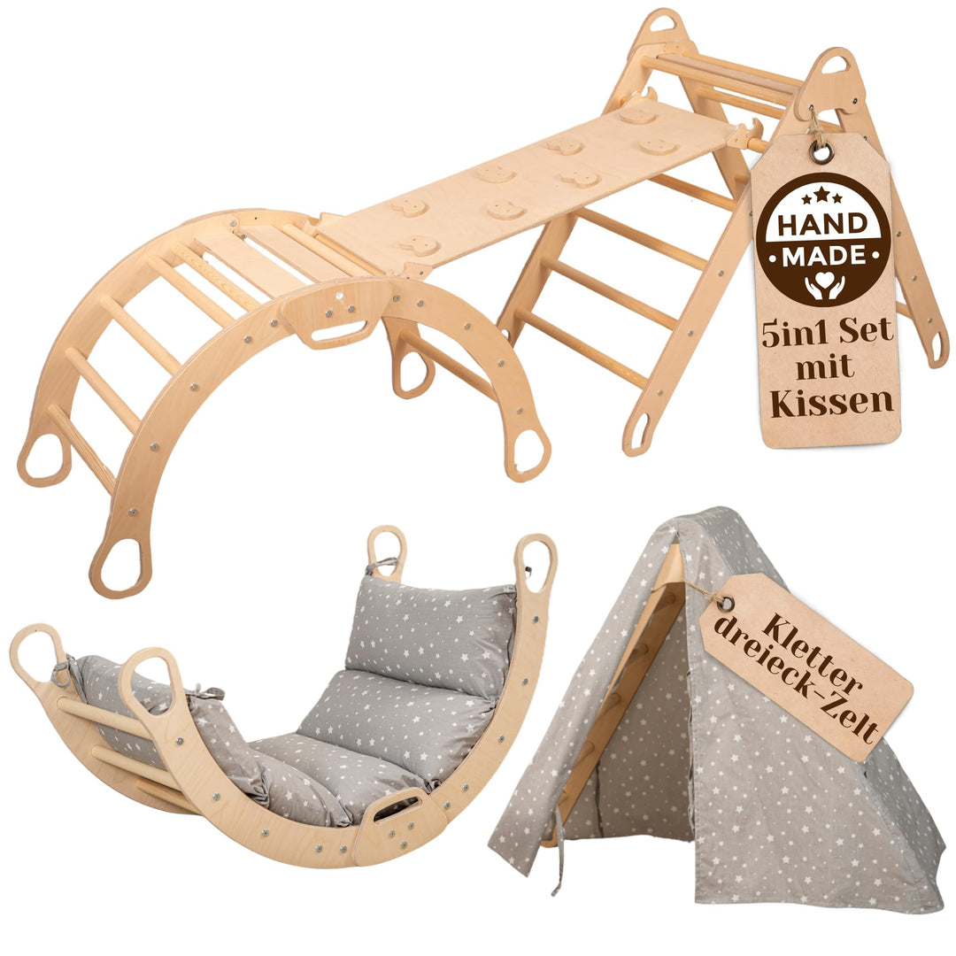 WoodsCraft 5in1 Set: Grosse Kletterbogen mit Kissen, Kinderzelt Indoor & Kletterdreieck mit 2in1: Ru