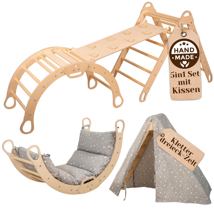 WoodsCraft 5in1 Set: Grosse Kletterbogen mit Kissen, Kinderzelt Indoor & Kletterdreieck mit 2in1: Ru