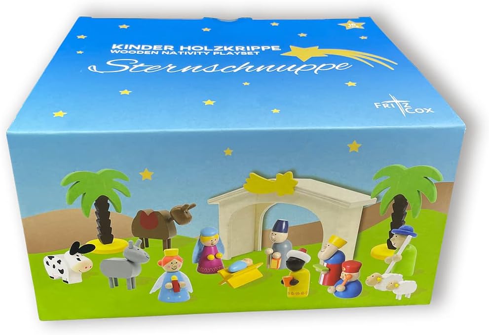Fritz Cox® Kinderkrippe Weihnachten aus Holz - handbemalte Holz-Kinder-Krippe inkl. Krippenstall in
