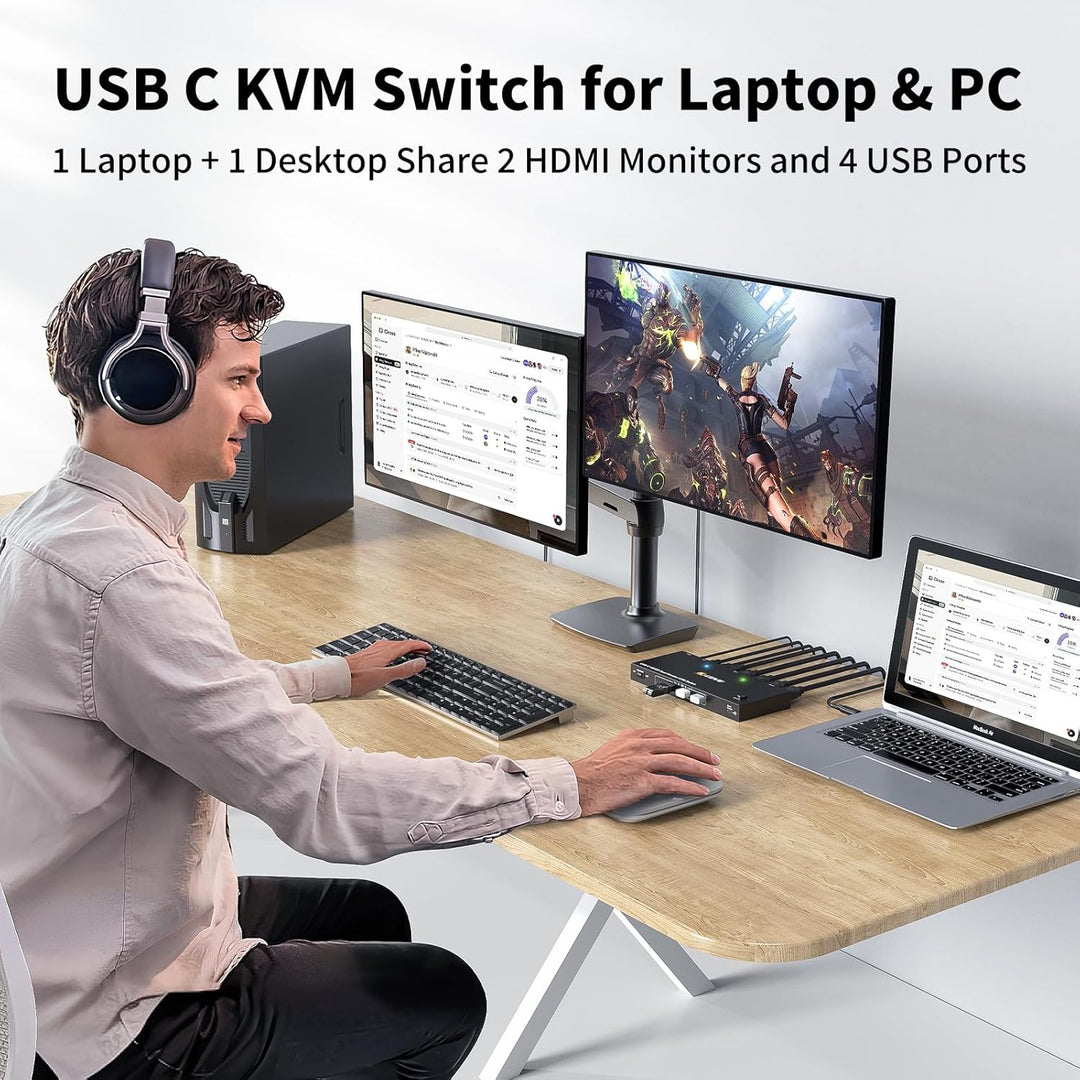 KVM Switch Laptop PC 2 Monitore, KVM Switch 2 PC 2 Monitore USB C DP HDMI Teilen 4 USB 3.0 Ports, 4K