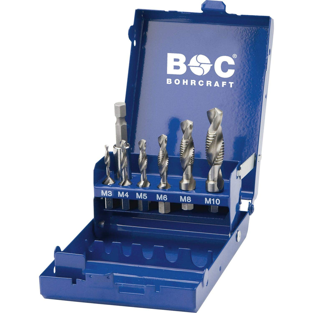 Bohrcraft 41711410007 Maschinen-Kombi-Gewindebohrer-Set HSS M3-M10 1/4" 6-Kant Schaft, silber