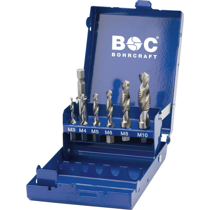 Bohrcraft 41711410007 Maschinen-Kombi-Gewindebohrer-Set HSS M3-M10 1/4" 6-Kant Schaft, silber