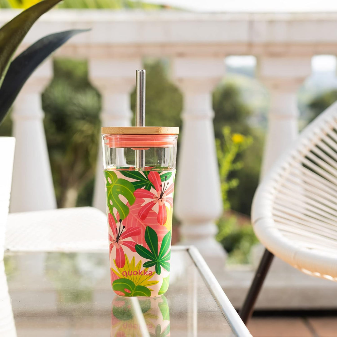 Quokka Glas mit Päckchen und Silikonhülle PINK Jungle 540 ml, Borosilikatglas, Rosa Dschungel, Einhe