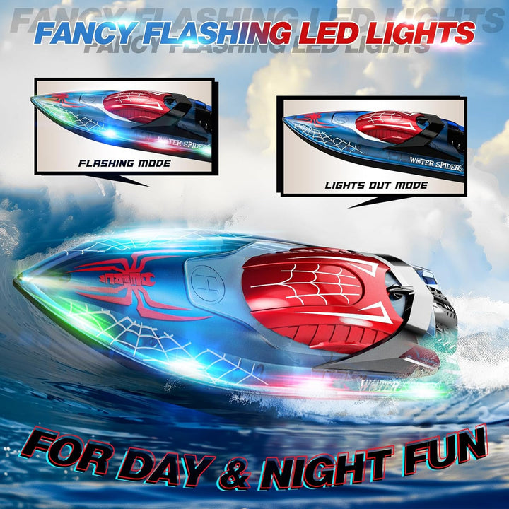 DEERC Ferngesteuertes Boot mit LED-Licht, RC Boot 15 KM/H, 2,4-GHz Rennboote, 2 Batterien für 80 Min