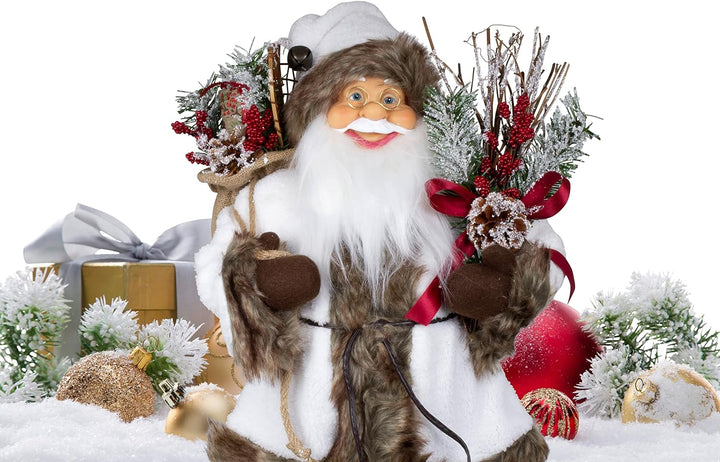 Christmas Paradise Stehender Weihnachtsmann Klaus 60cm Weiss-Braun Deko-Figur Santa Nikolaus, 60cm