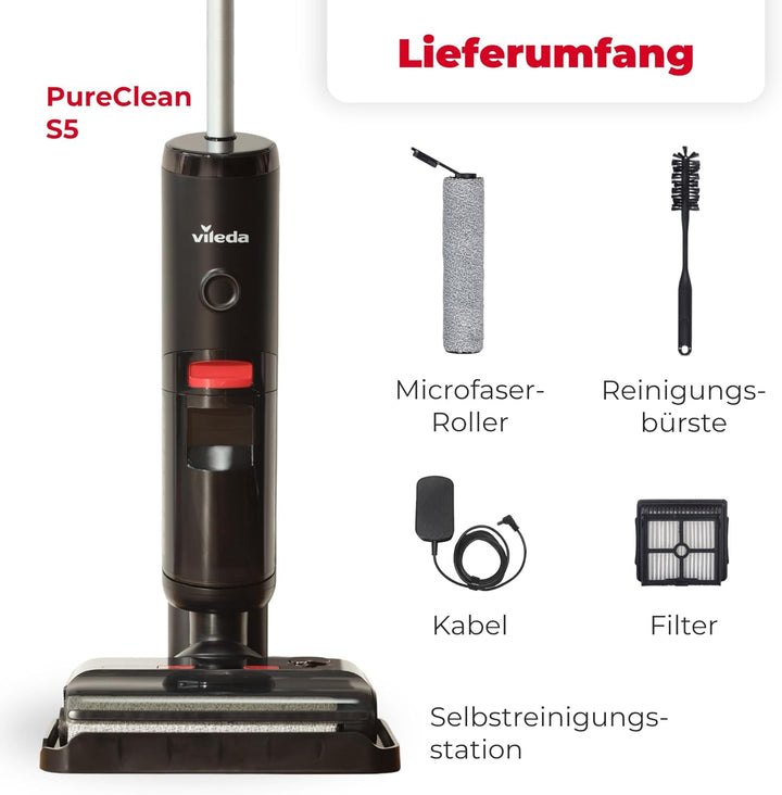 Vileda PureClean S5 Plus - Kabelloser Nass- & Trockensauger mit Zubehör - 3-in-1 Kehren, Saugen & W