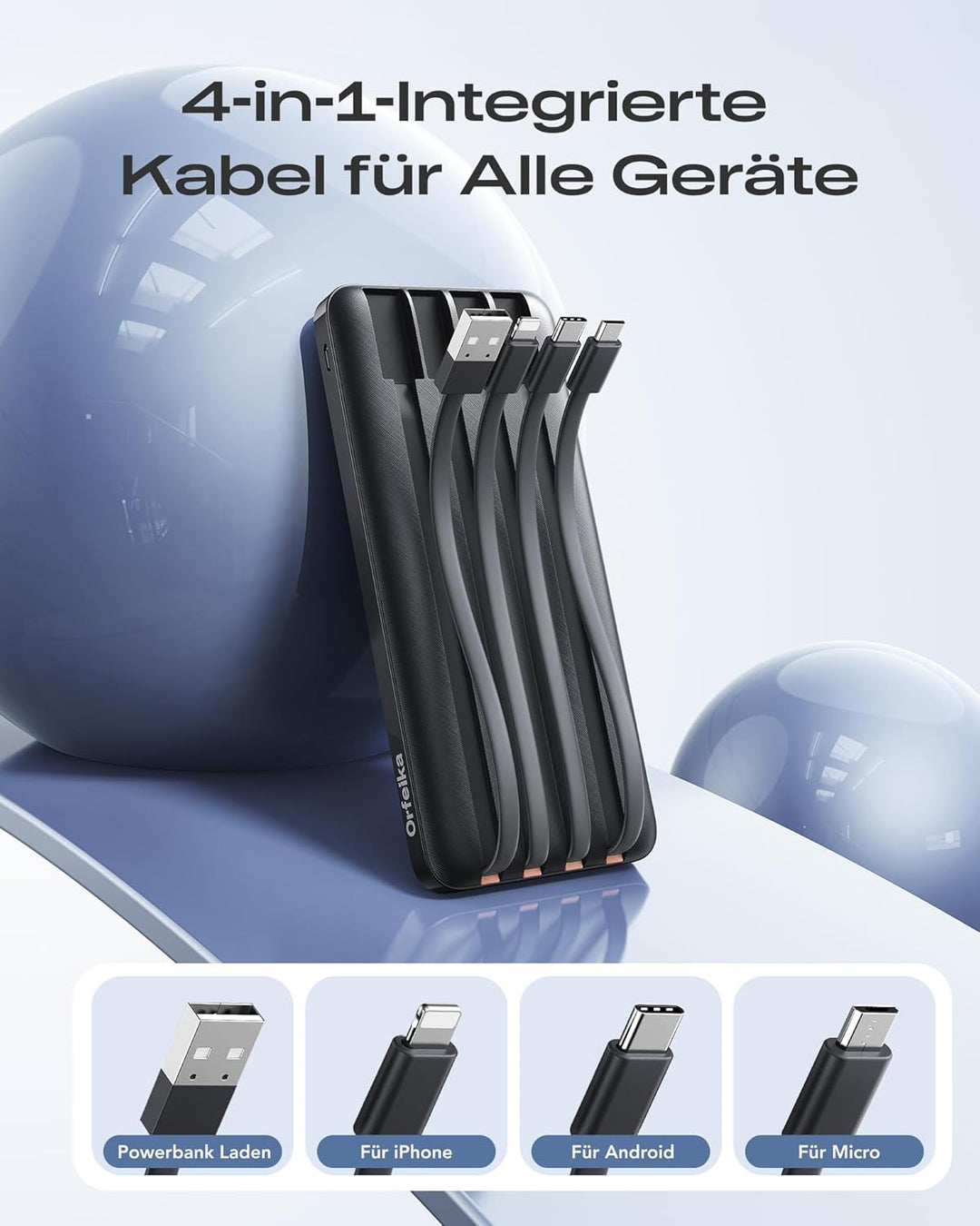 Orfeika 20000mAh Powerbank mit 4 Integrierten Kabeln, 20W PD-Schnellladung Power Bank, Externer Akku