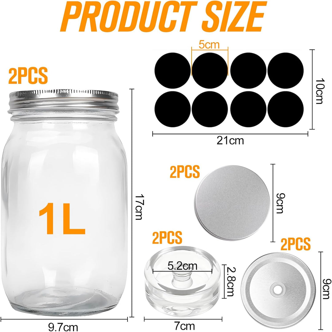 2 Fermentier Set Fermentiergläser 1L mit Fermentiergewichte und Schraubdeckel Gärglas Mason Jars 1 L