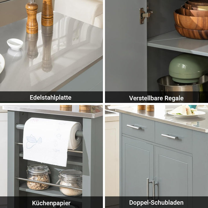SoBuy FKW108-HG Design Küchenwagen mit Edelstahlplatte Kücheninsel mit Seitenregal Küchenschrank Rol