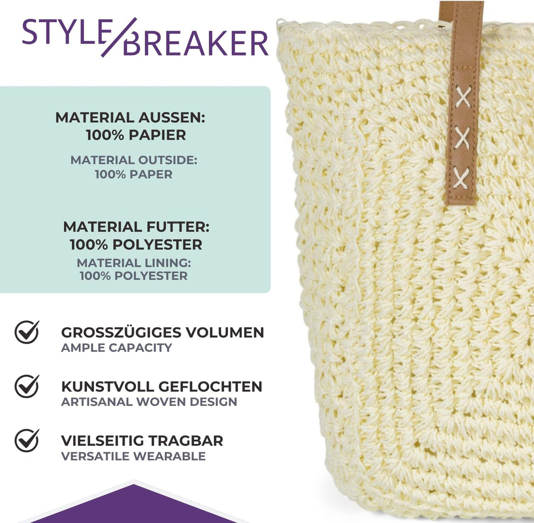 styleBREAKER Damen Papierstroh Schultertasche mit langen Henkeln, Strandtasche, Korbtasche, Flechtta