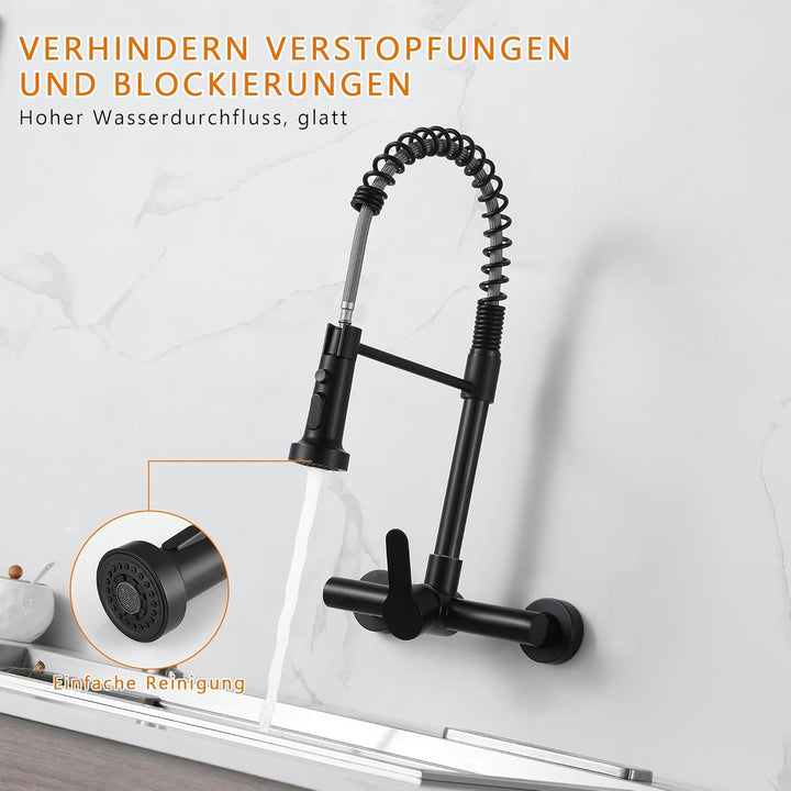 LIWEIKE Küchenarmatur Wandmontage, 360° Drehung Wasserhahn Schwarz Küche mit 2 Strahlarten Wasserhah