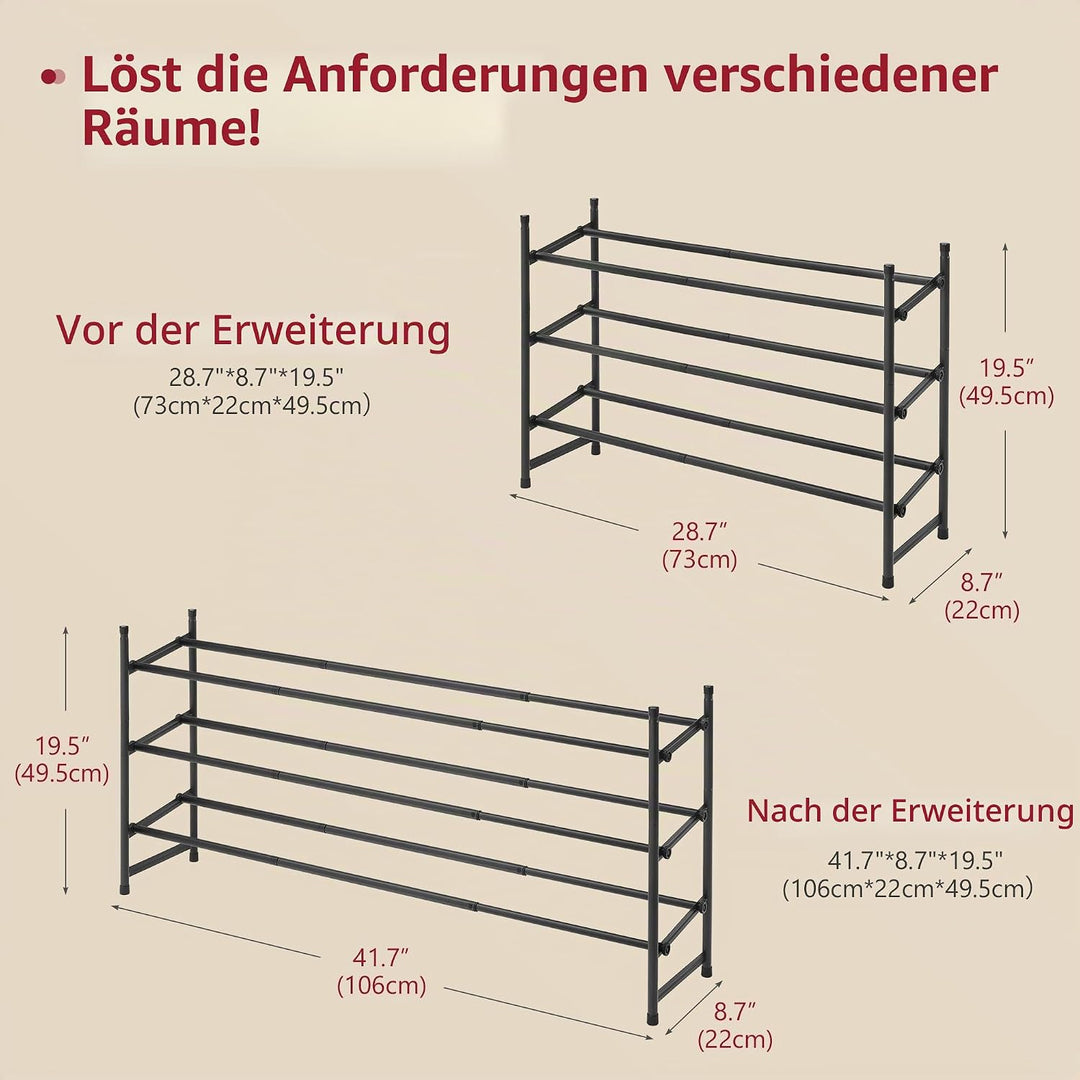 Tajsoon 3-stöckiges, Ausziehbares Schuhregal, 28–41 Zoll Verstellbar und Stapelbar, Schuhablage aus