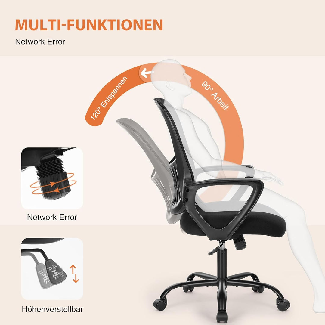 Sweetcrispy Bürostuhl Ergonomisch, Schreibtischstuhl mit Lendenwirbelstütze, Verstellbaren Armlehnen