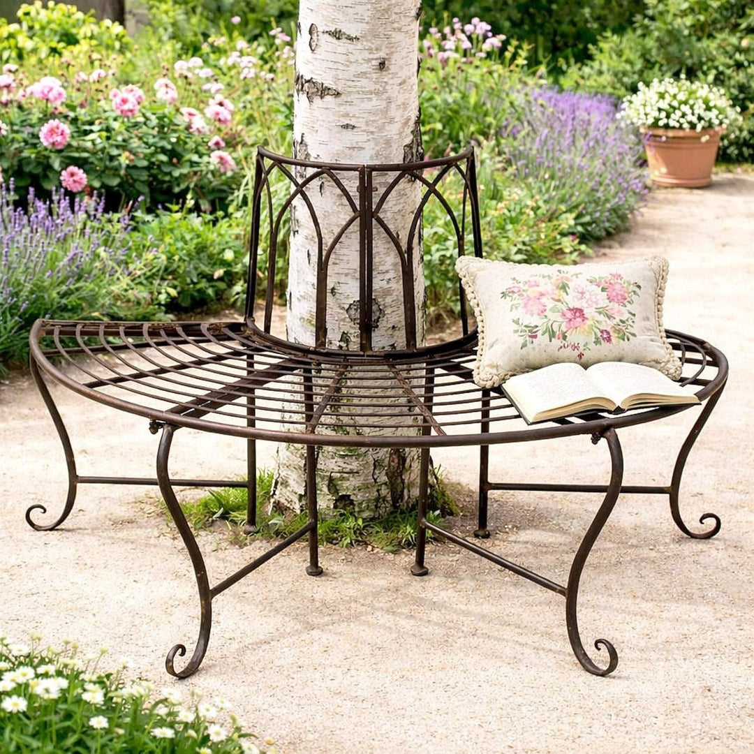 DanDiBo Baumbank Halbrund Metall Wetterfest Braun 127 cm 3 Sitzer 121071 Gartenbank mit Rückenlehne