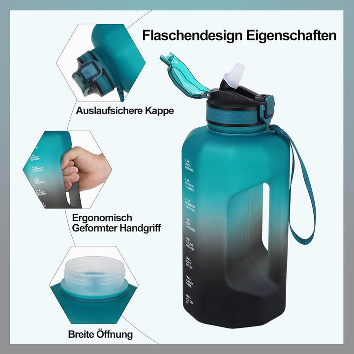 Grosse Trinkflasche 2.2 Liter, Sport Trinkflasche Fitnessstudio mit Zeitmarkierung für Arbeit Bewegu
