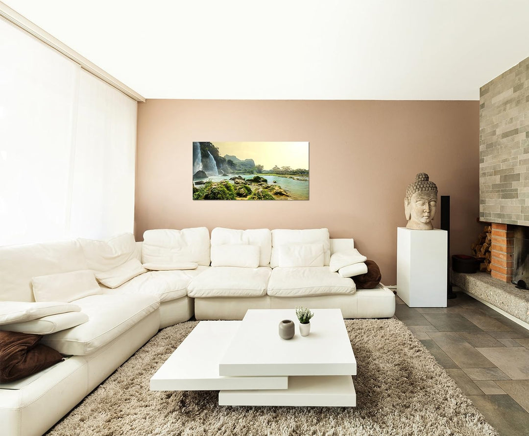 Paul Sinus Art 120x80cm - WANDBILD Vietnam Wasserfall Felsen Wasser - Leinwandbild auf Keilrahmen mo