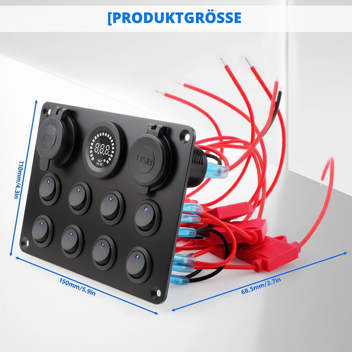 Geloo 8 Gang wasserdichte Wippschalter-Panel, blaue LED-Lichter, Dual 5 V USB-Ladebuchse, für Autos,