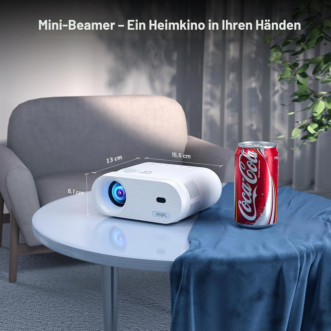 Mini Beamer mit Stativ, VISSPL 12000 Lux Beamer Klein unterstützt Full HD 1080P, 50% Zoom, ±15° Trap
