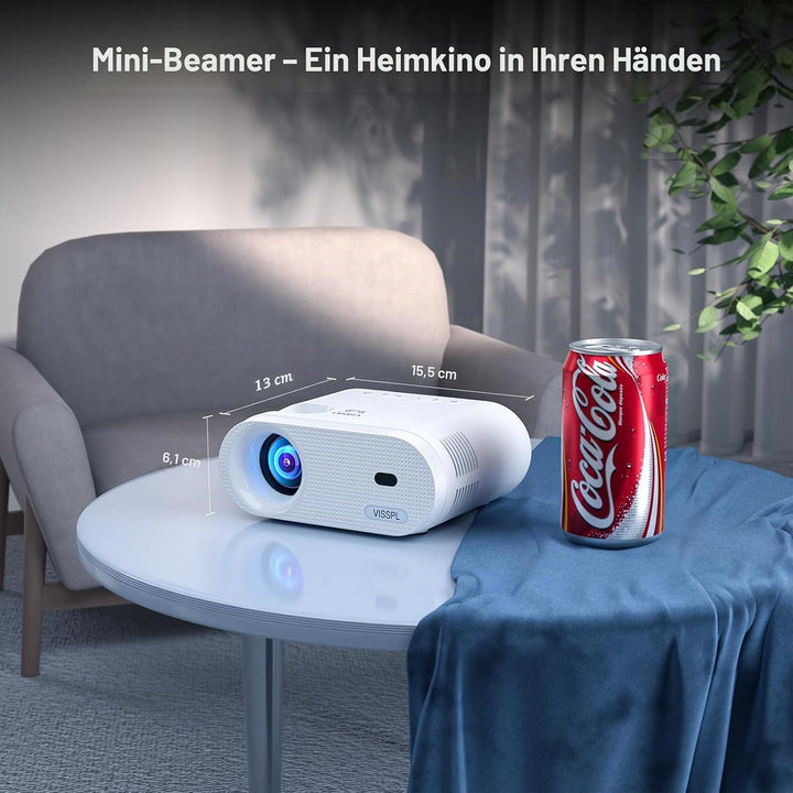Mini Beamer mit Stativ, VISSPL 12000 Lux Beamer Klein unterstützt Full HD 1080P, 50% Zoom, ±15° Trap