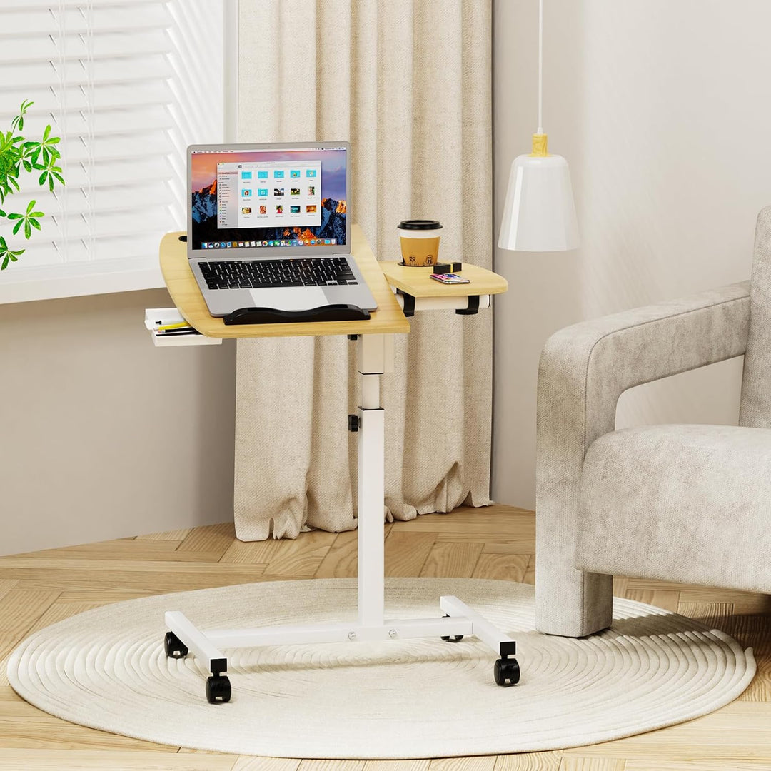 Laptoptisch höhenverstellbar, Mobiler Beistelltisch mit Schubladen, Mobiler Stehpult mit rollbar, Be