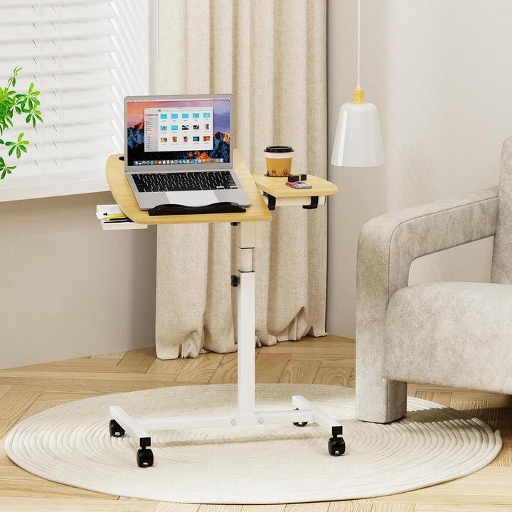 Laptoptisch höhenverstellbar, Mobiler Beistelltisch mit Schubladen, Mobiler Stehpult mit rollbar, Be