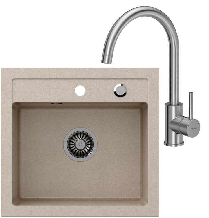 VBChome Spülbecken + Armatur 50 x 47 cm Beige Spüle Einzelbecken Küche Einbauspüle Verbundspüle Küch