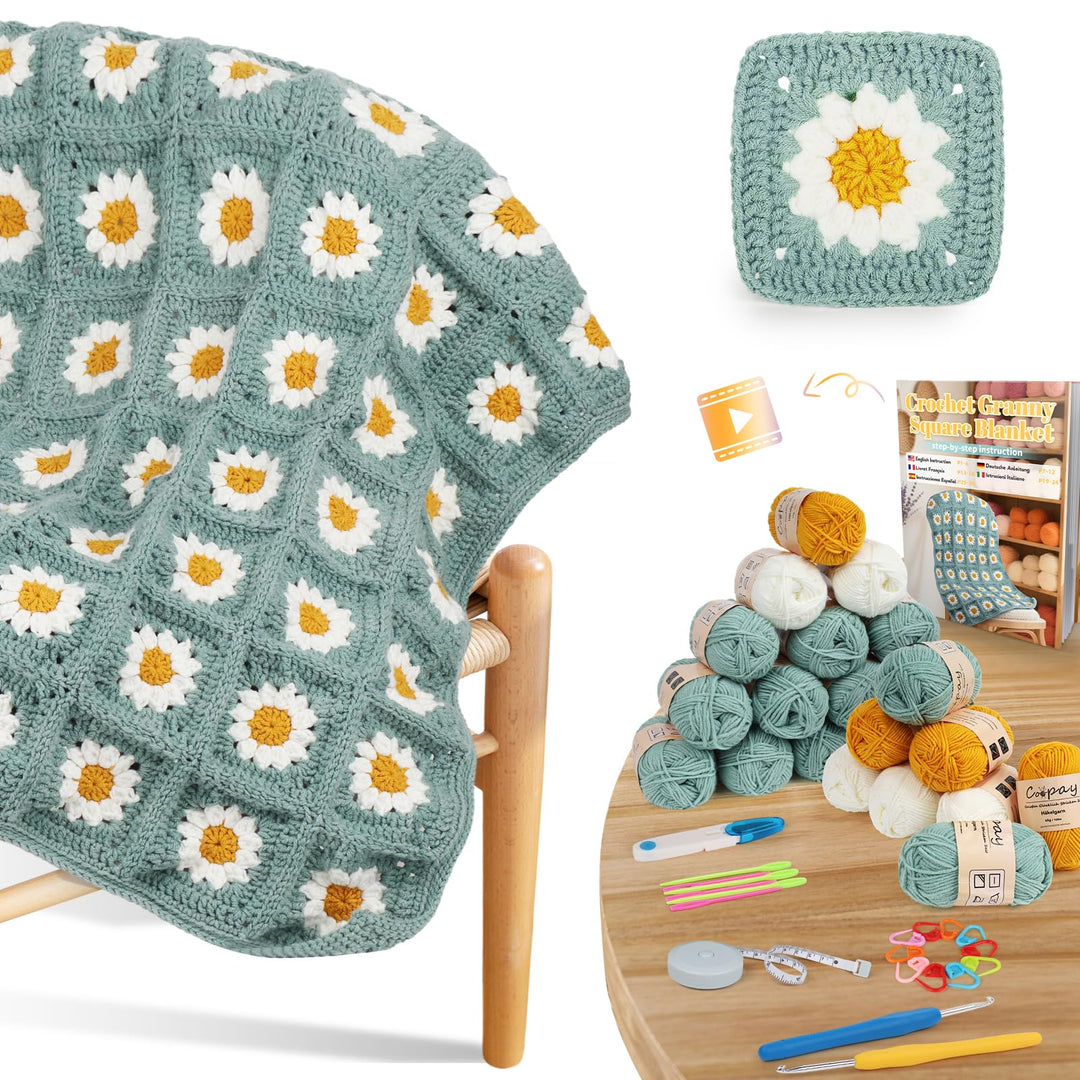 Coopay Granny Square Häkelset für Anfänger, Häkel Set für Gänseblümchen Decke, Komplett Häkelset mit