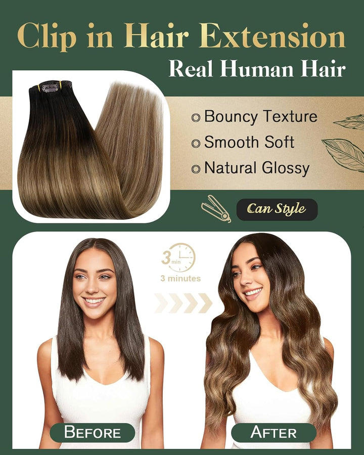 Clip in Extensions Echthaar Balayage Haar, Ugeat Dunkelstes Braun to Mittel Braun Clip Hair Extensio