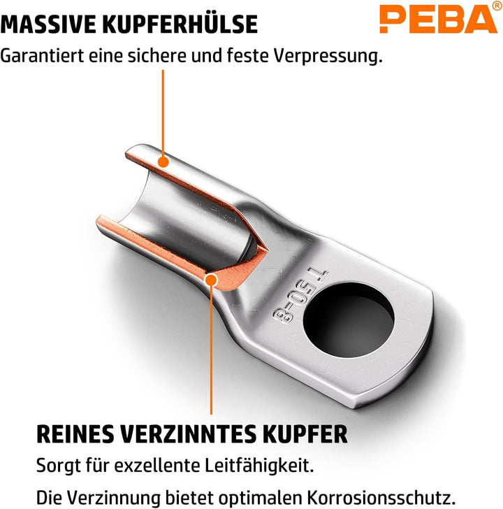 PEBA Crimpzange Kabelschuhe Set, Rohrkabelschuh Zange 6-50mm² mit Ringkabelschuhe, Kupfer Ringklemme