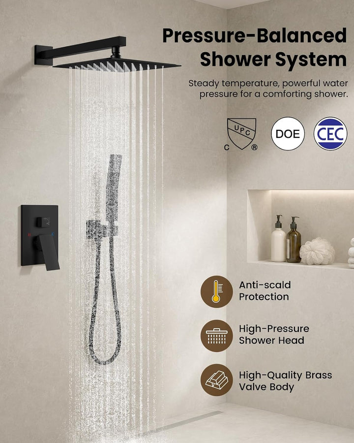 Regenduschsystem Mattschwarz mit Hochdruck 25,4 cm Duschkopf Handbrause Quadratisch Duschkopf Badezi