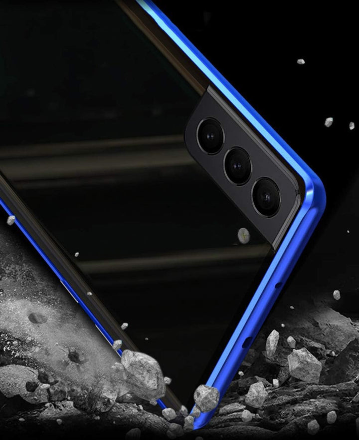 Hülle für Samsung Galaxy S22 5G, Magnetische Hartglas Hülle mit Vorderseite und Rückseite, Metallrah