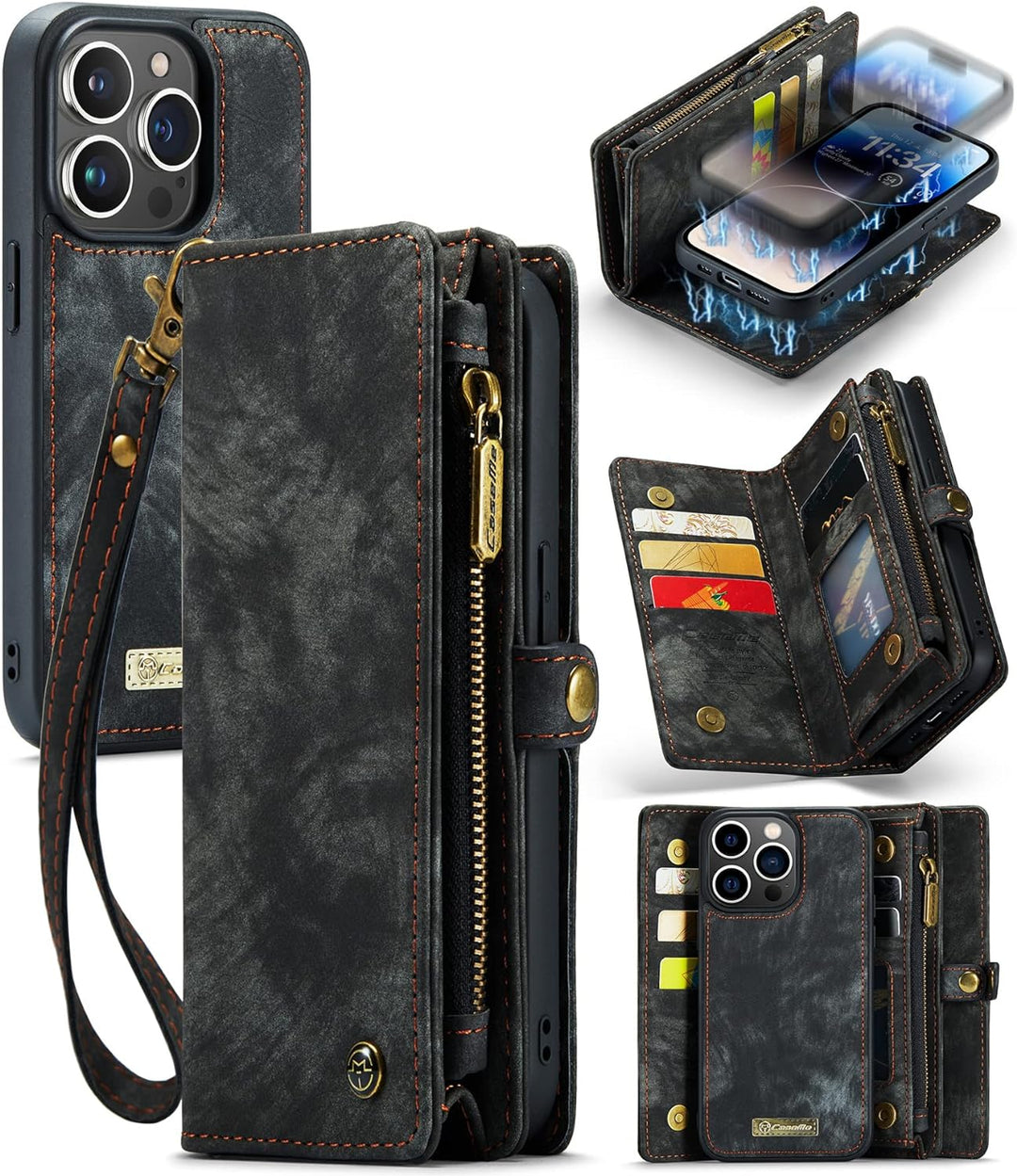 UFinetech iPhone 14 Pro Hülle, Flip Leder TPU Stossfest Kartenfach Tasche Handyhülle iPhone 14 Pro (