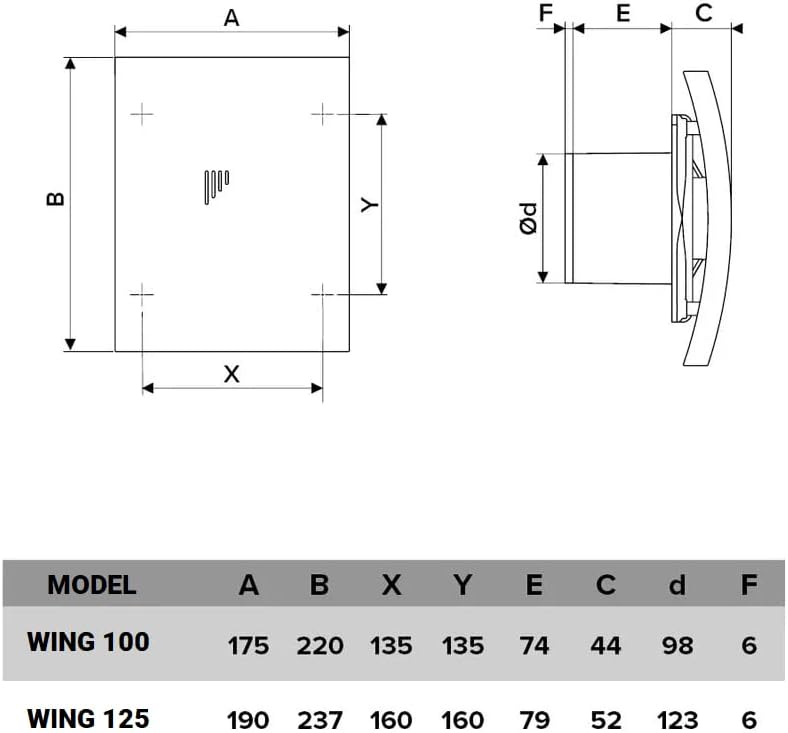 Vlano WING 100/125 TH Badlüfter mit Feuchtigkeitssensor und Nachlauf, 100 mm, 125 mm, 90/165 m³/h, G