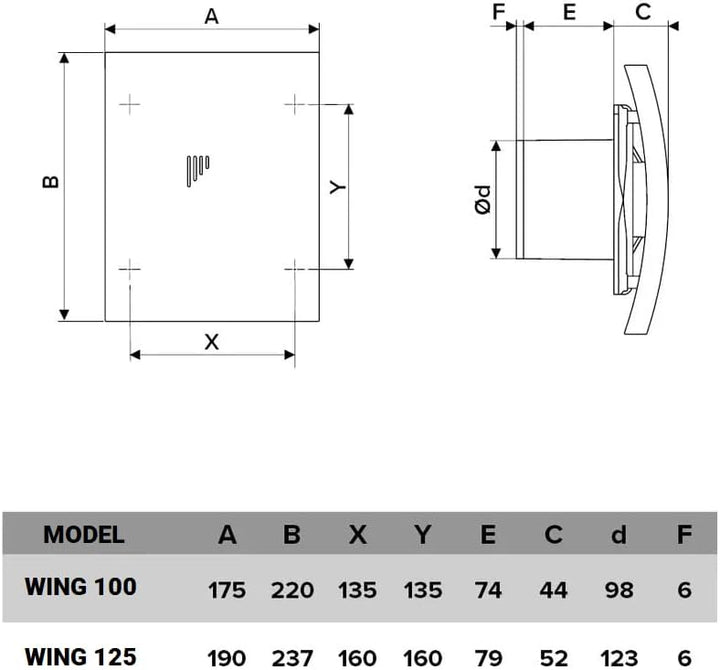 Vlano WING 100/125 TH Badlüfter mit Feuchtigkeitssensor und Nachlauf, 100 mm, 125 mm, 90/165 m³/h, G
