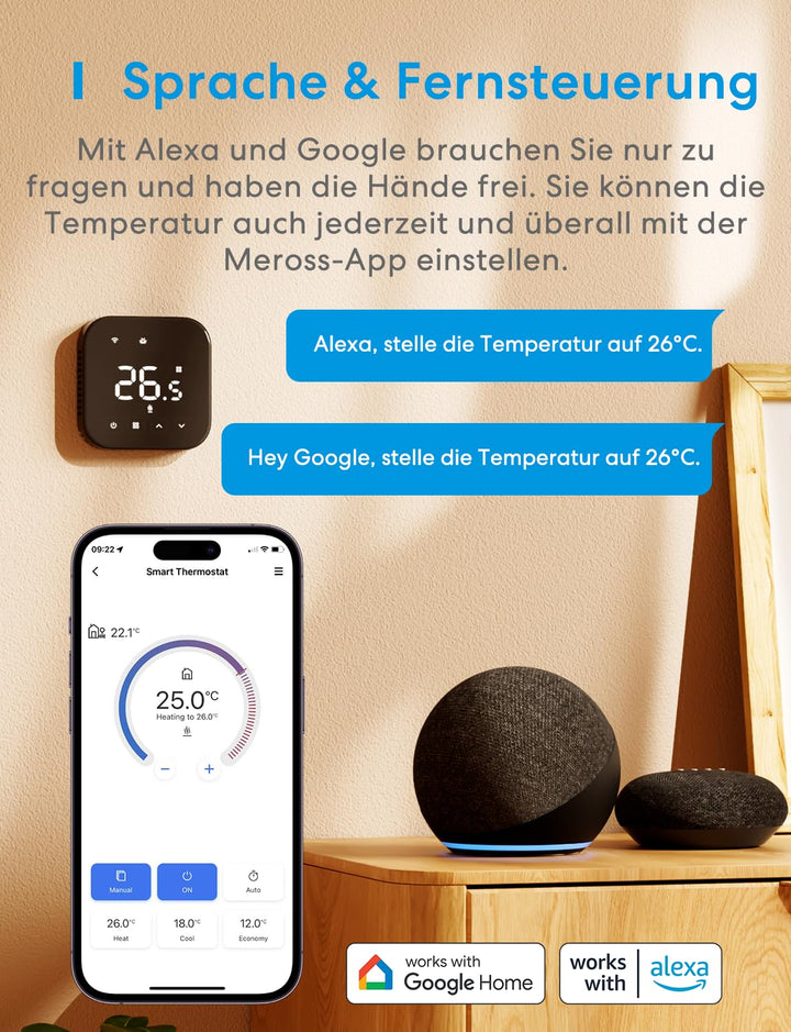 Meross Heizungsthermostat Thermostat Heizung Smart Fussbodenheizungsthermostat WLAN Digitaler Berühr