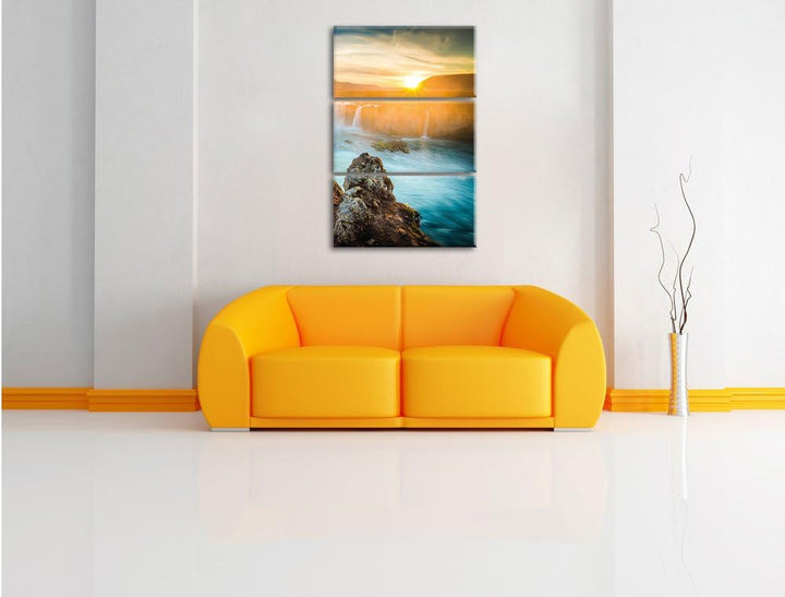 Pixxprint Wasserfall im Sonnenuntergang 3-Teiler Leinwandbild 120x80 Bild auf Leinwand