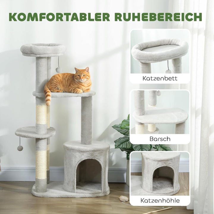 PawHut Kratzbaum 114 cm mit Höhle Spielball für Katzen unter 6 kg Hellgrau | Katzenturm, Sisalstämme