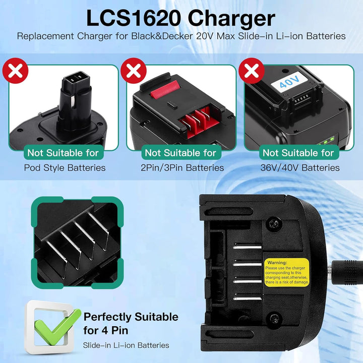 Li-ion Akku Ladegerät Ersatz LCS1620 Kompatibel mit Black & Decker Lithium-Akku 10,8V/14,4V/20V, LB2
