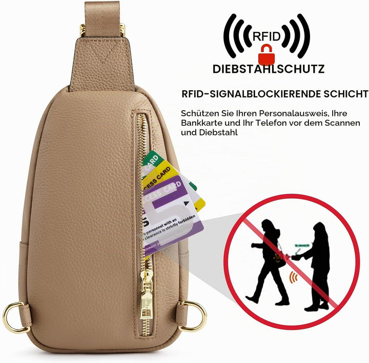 Kattee Damen Brust-Umhängetasche Echtes Leder Sling-Rucksack Kleine Umhängetasche mit RFID-Blockieru