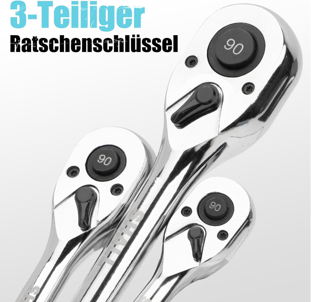 Shall 3 Stück Umschaltknarre | 1/4", 3/8", 1/2" 90-Zahn Ratsche mit Schnellspanner | Chrom-Vanadium-