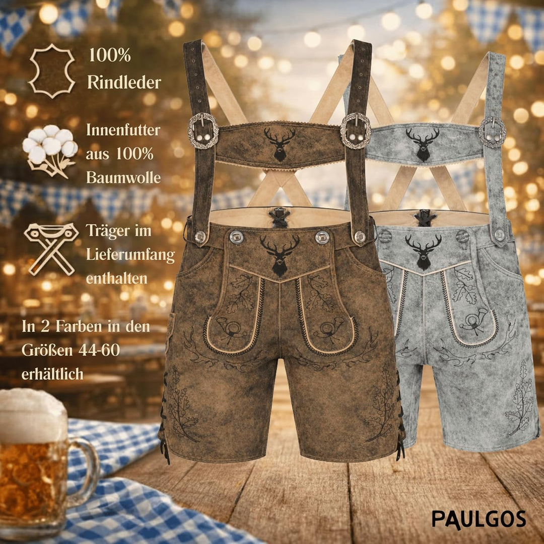 PAULGOS Herren Trachten Lederhose HK5-ANTIK + Träger, Echtes Leder, Gr. 44-60 44 Whiskybraun, 44 Whi