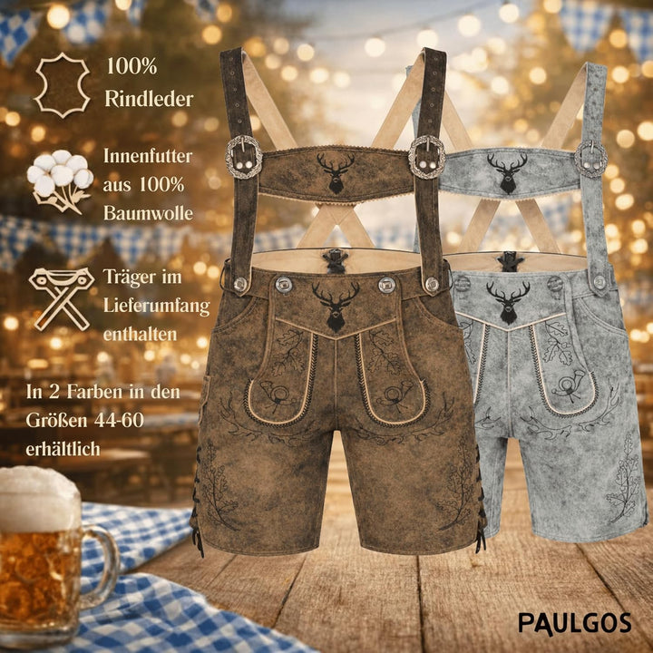 PAULGOS Herren Trachten Lederhose HK5-ANTIK + Träger, Echtes Leder, Gr. 44-60 44 Whiskybraun, 44 Whi