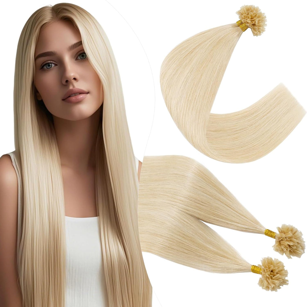 Elailite Extensions Echthaar Bonding 0.5g/s 60cm #60 Platinblond U Tip Hair Extensions Keratin 100 S